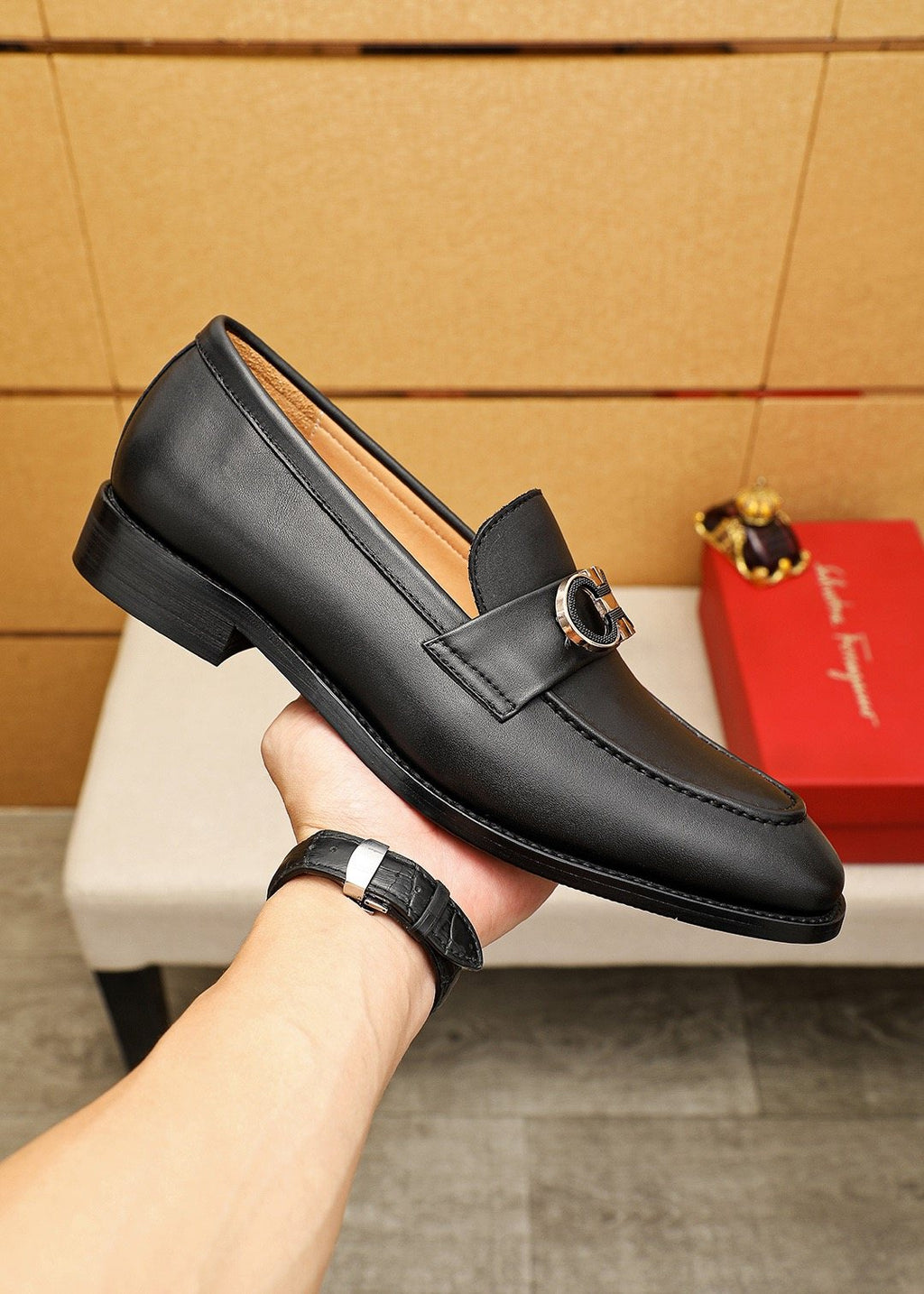 Ferragamo Black Buckle Loafers - Slip-On Construction